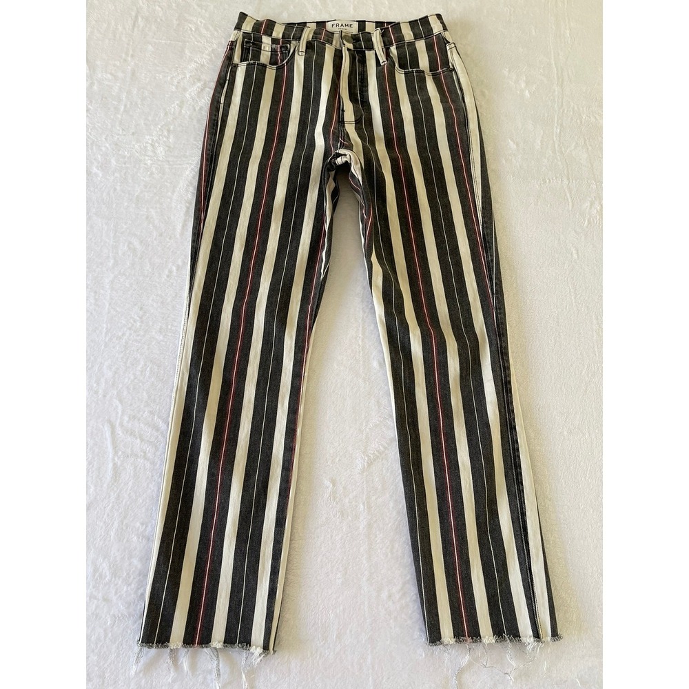FRAME Le Sylvie Slender Straight Jeans Womens 26 Striped Raw Hem Made USA
